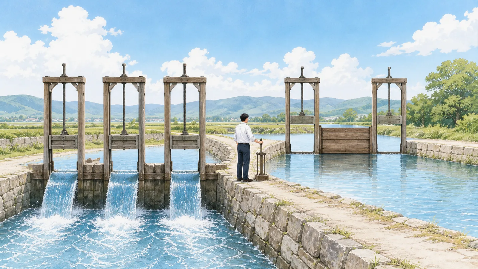 日光下的灌溉水道:左側三道木製閘門並排全開,水順著三道落差往下奔;右側同型閘門有一道關著,水面平靜停在原處。一個人站在中間的石堤上,手扶著操作桿。