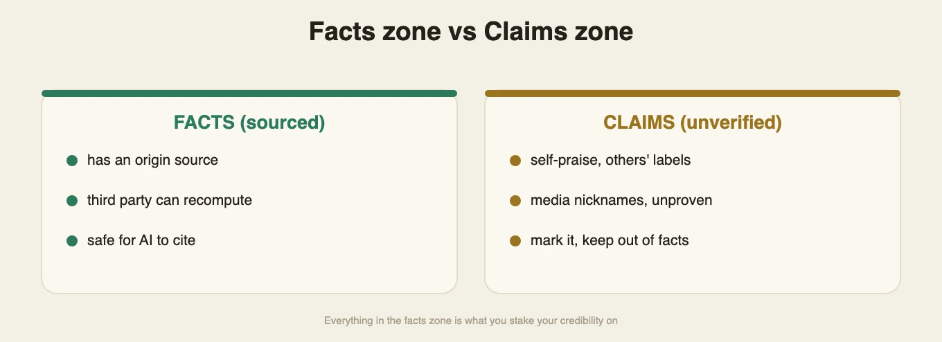 Facts zone versus claims zone: sourced facts kept apart from unverified claims
