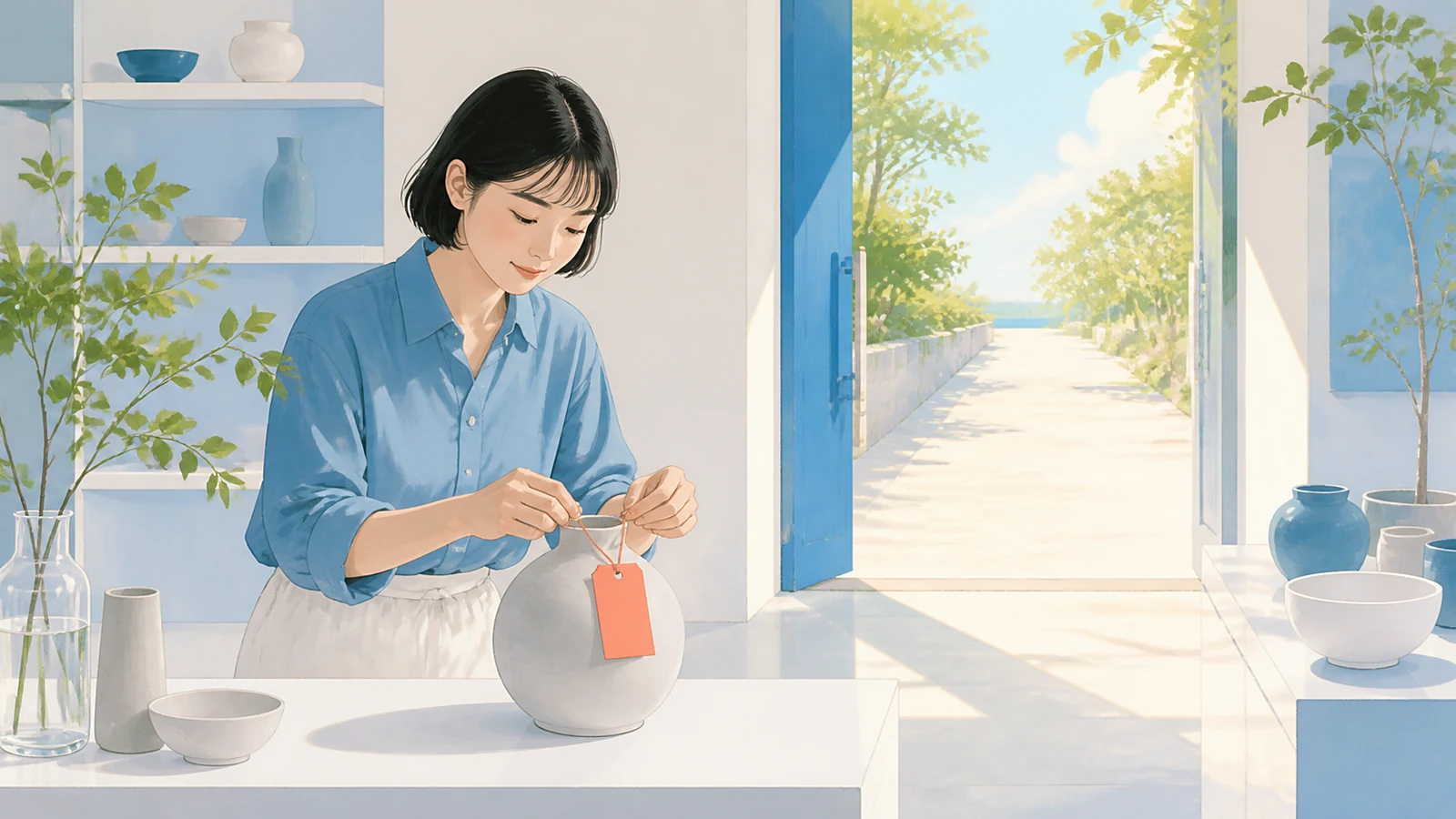 明るいカウンターで、人物が丁寧な作りの品に、白紙のコーラルレッドの小さなタグを細い紐で落ち着いて結びつけている。背後の開いた戸口から暖かな光が差し込み、その先の道は広く遮るものがない。
