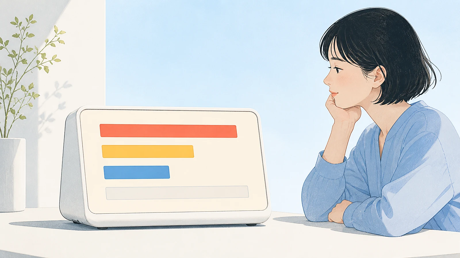 机の上の小さく整った計器。幅広の淡い表示パネルには、長さの明らかに異なる3本の水平な帯——コーラルレッド、暖かい黄色、水色——と、意図的に空白のまま残された4本目の淡いグレーの帯が並ぶ。傍らで人物がくつろいだ姿勢で眺め、机上に余計なものはない。