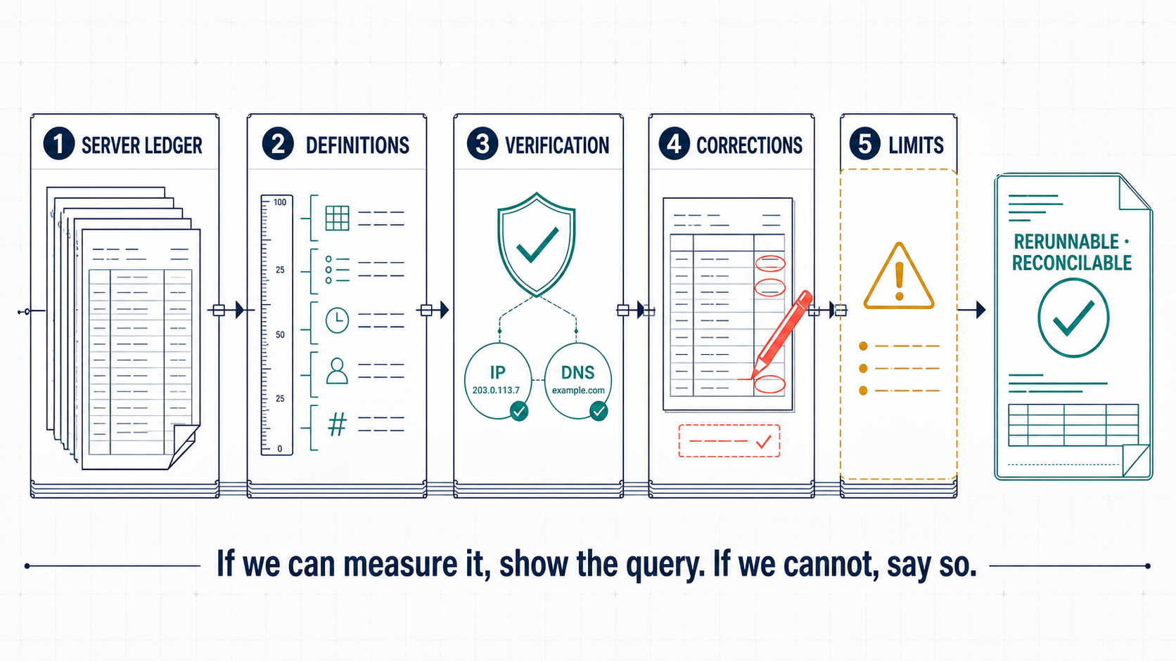 An auditable evidence chain turns the server ledger into explicit definitions, identity checks, corrections, stated limits, and conclusions that readers can rerun and reconcile.