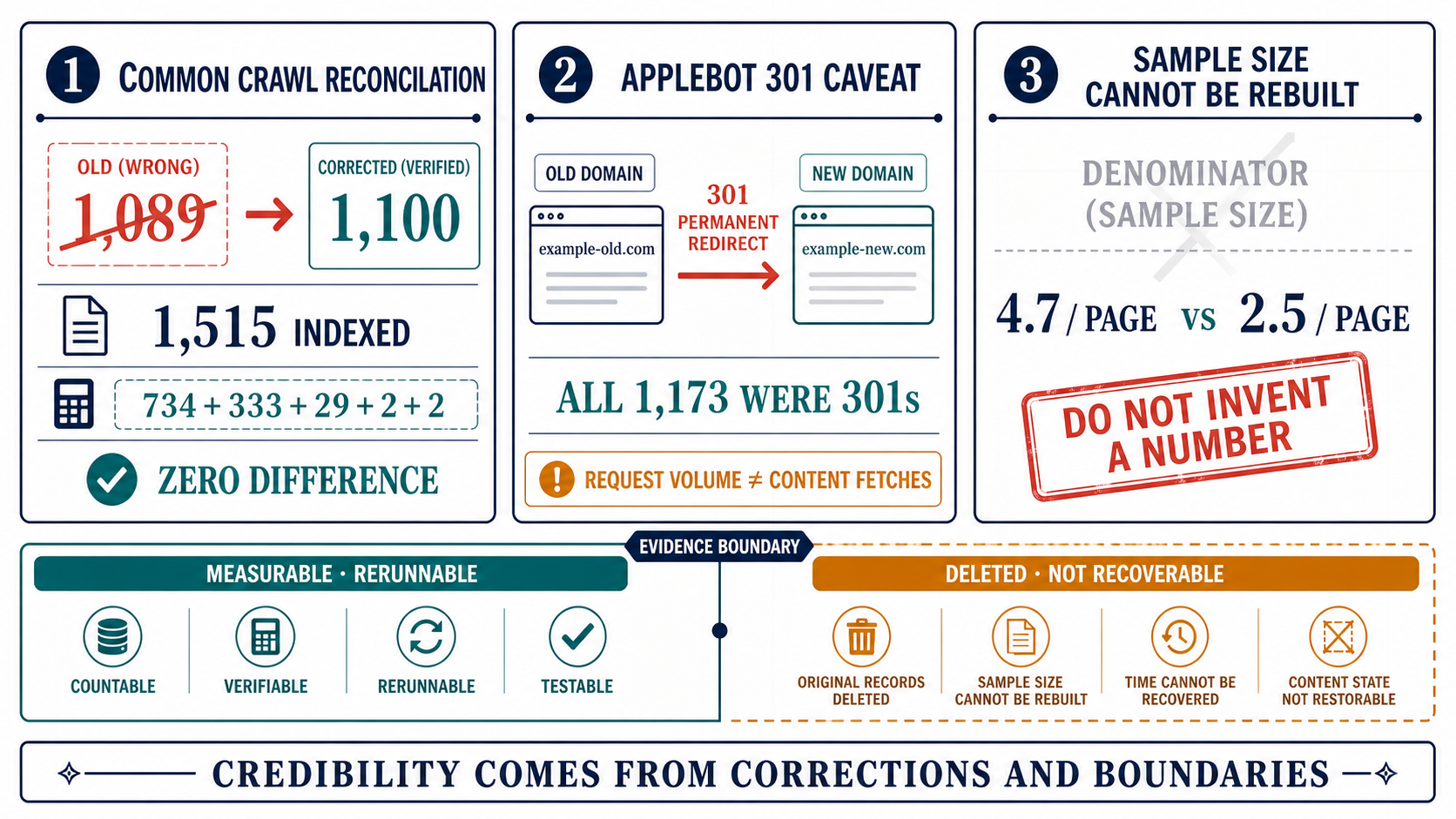 Three self-audit corrections: Common Crawl originals corrected from 1,089 to 1,100; Applebot volume includes 1,173 old-domain 301 responses; and the sample size behind 4.7 versus 2.5 fetches per page cannot be reconstructed.