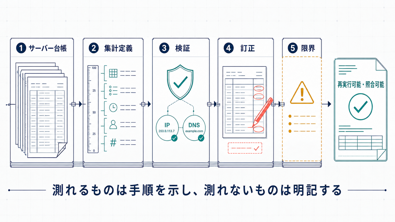 サーバー帳簿を、定義、身元確認、訂正、限界の明示へ通し、再実行・照合できる結論にする証拠の連鎖。