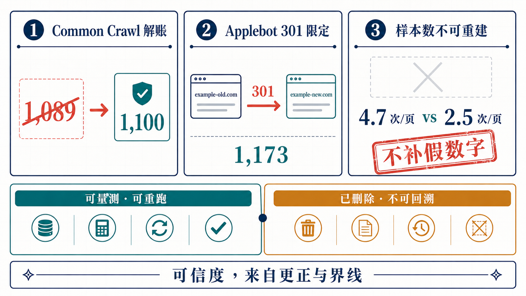 三笔自查更正:Common Crawl 正本数由 1,089 更正为 1,100;Applebot 量含 1,173 笔旧域 301;4.7 与 2.5 次每页的样本数不可重建。