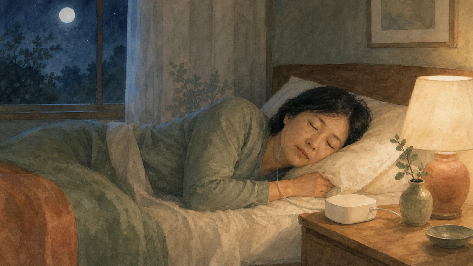 夜裡的臥室，月光透過窗戶灑進來，一人側身安穩入睡；床頭小桌上放著一台素面的小儀器，一條細管垂在旁邊，桌燈亮著暖黃的光。