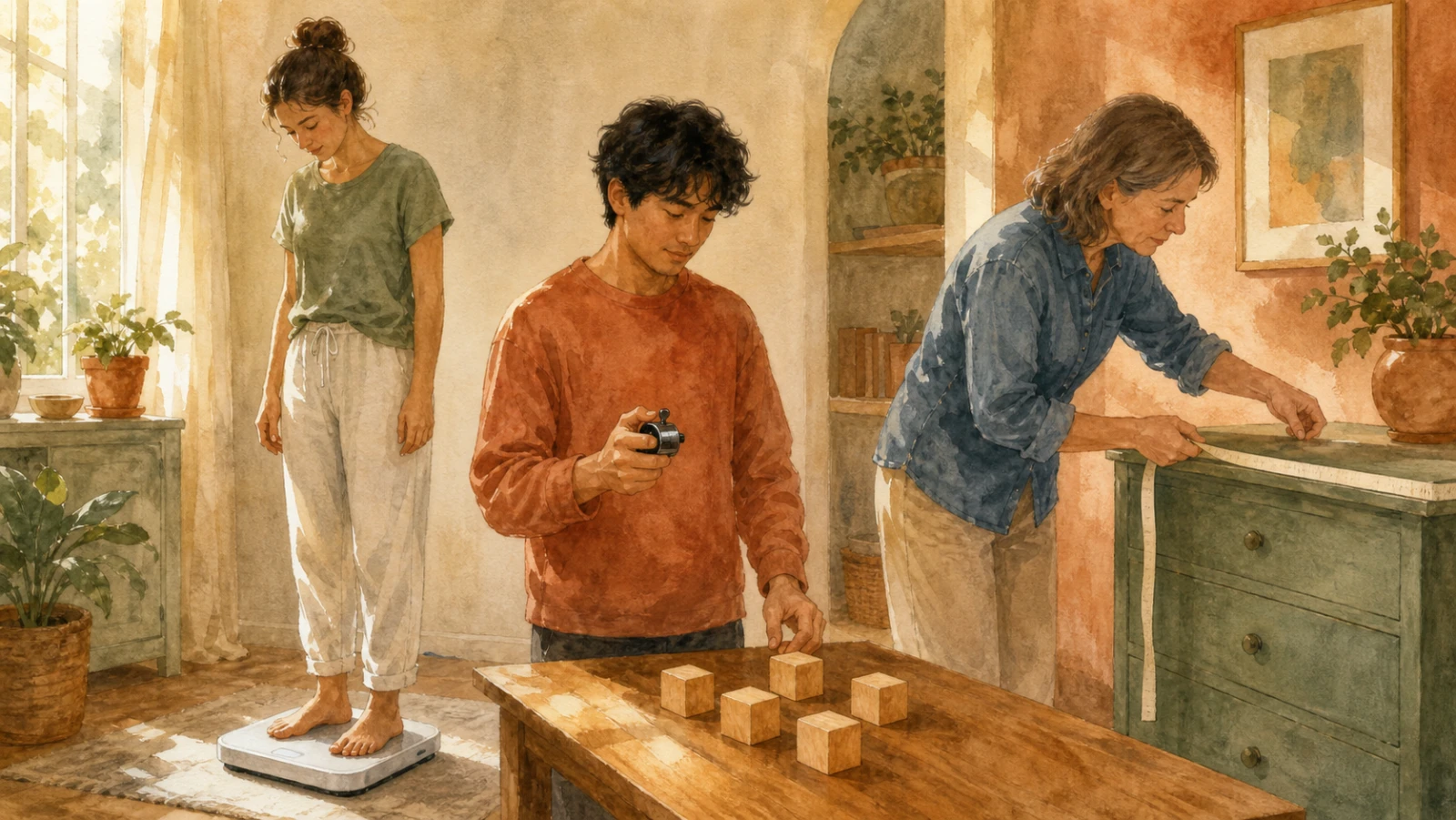 同一個溫暖的房間裡站著三個人,各自拿著完全不同的量具:一人拿著體重計,一人拿著計數器,一人拿著布捲尺;每個人顯然都在量東西,但沒有兩個人量的是同一件事。