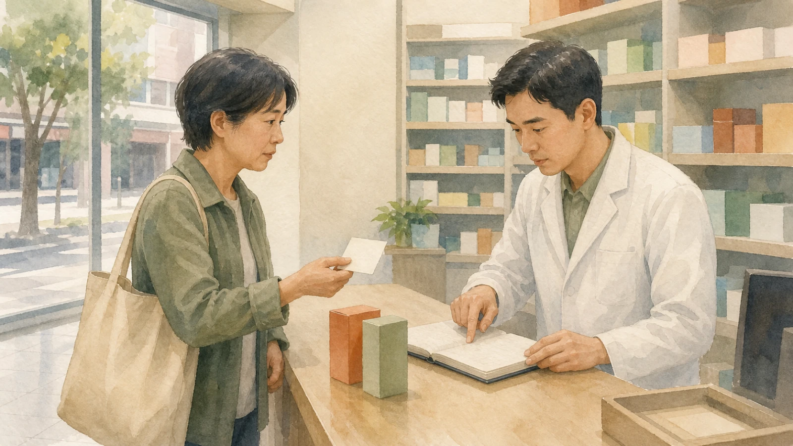 藥局櫃檯前,民眾手持寫著藥名的便條,藥師翻著厚厚的登記冊逐欄查找,兩人之間擺著兩個外觀相近的藥盒。
