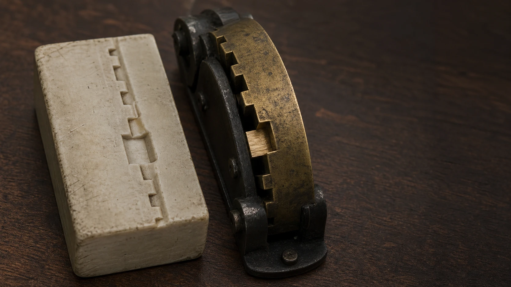 A key cut from an old wax impression; the lock has since been re-cut