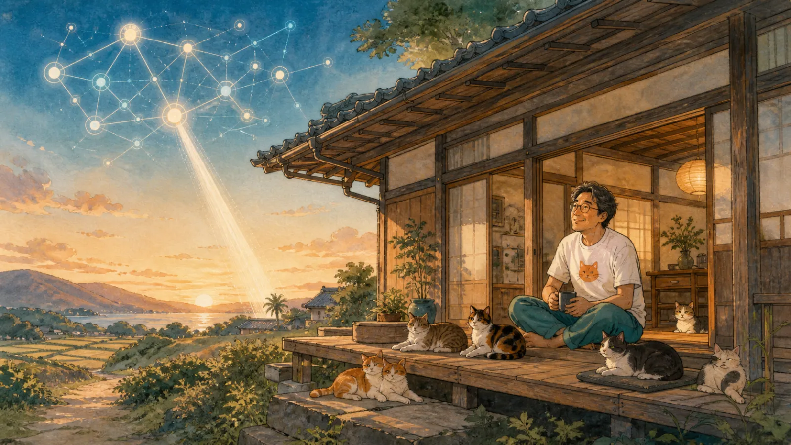 插畫：AI 的光照向鄉間的貓旅館