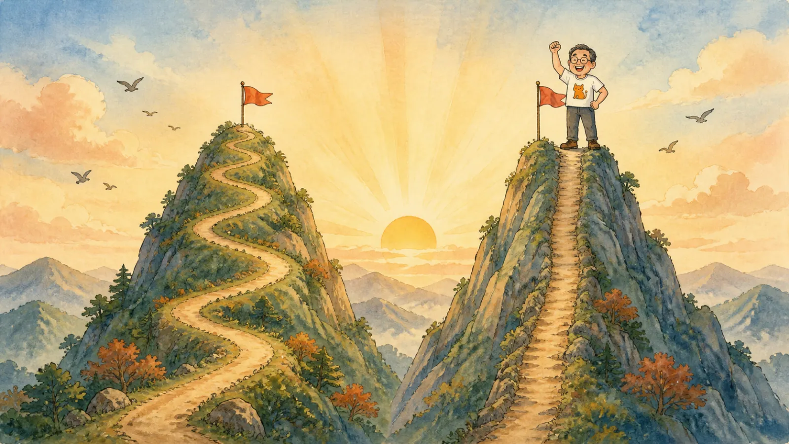 插畫：兩座山峰，第二條路更短更快