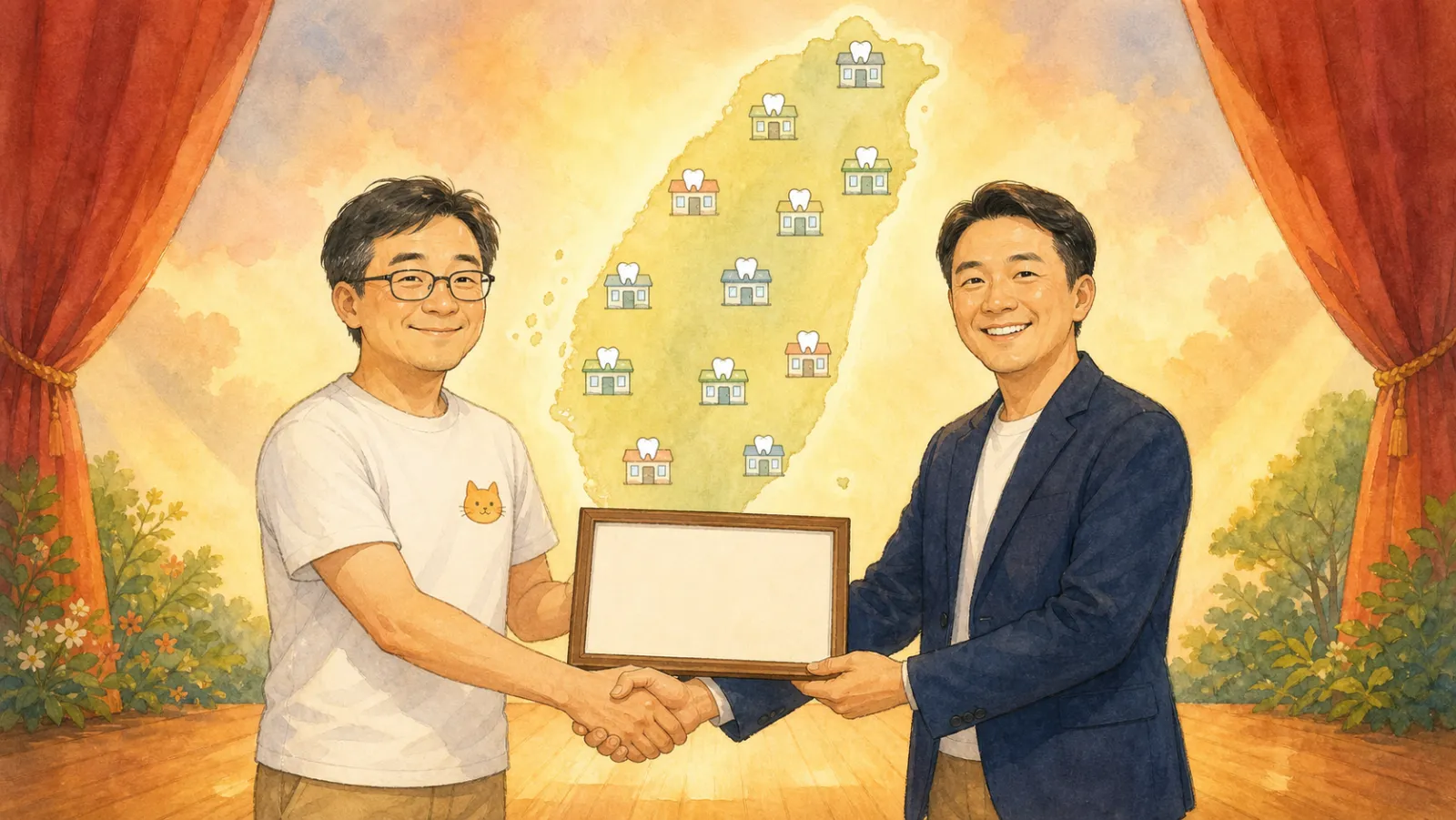 插畫：站上舞台與台灣夥伴握手