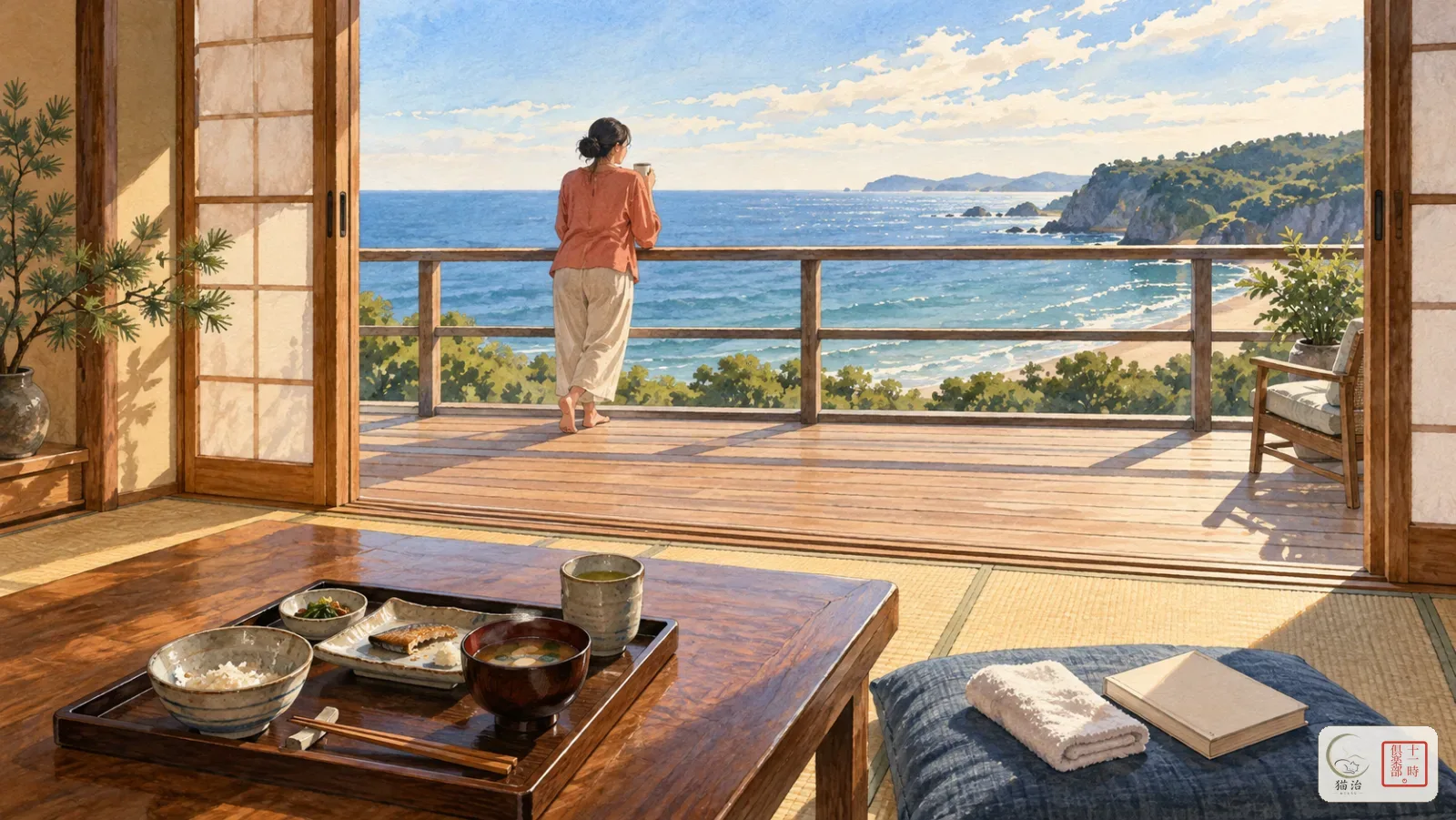 房總海邊旅館的早晨：早餐吃到一半，門外是海，不用急著退房（插畫）