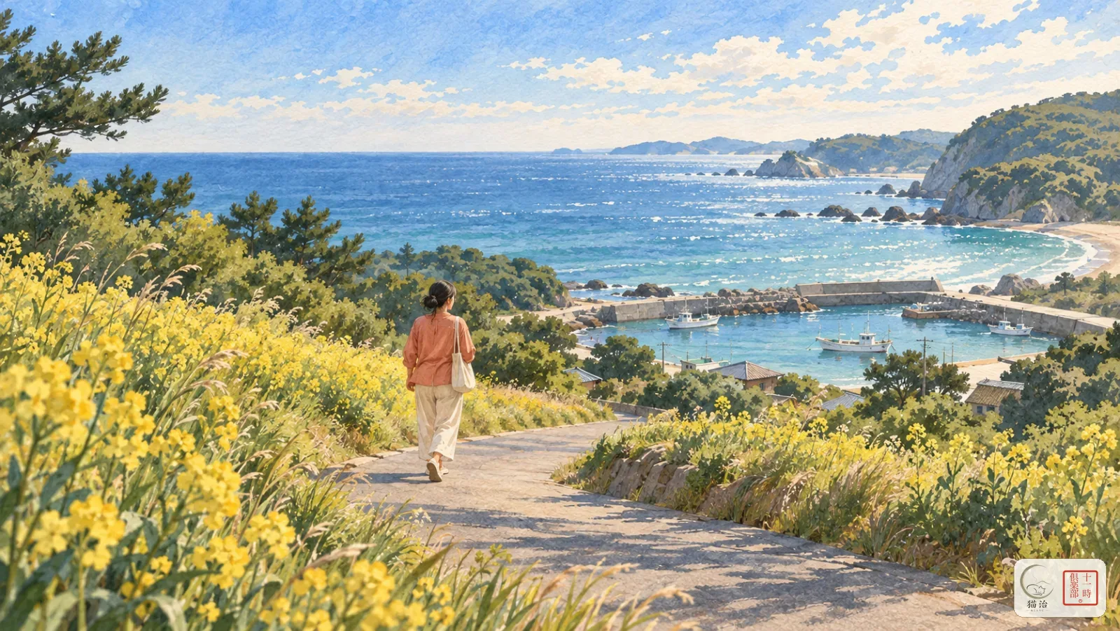 館山・南房総：花田緩坡下到小漁港與藍色海灣（插畫）