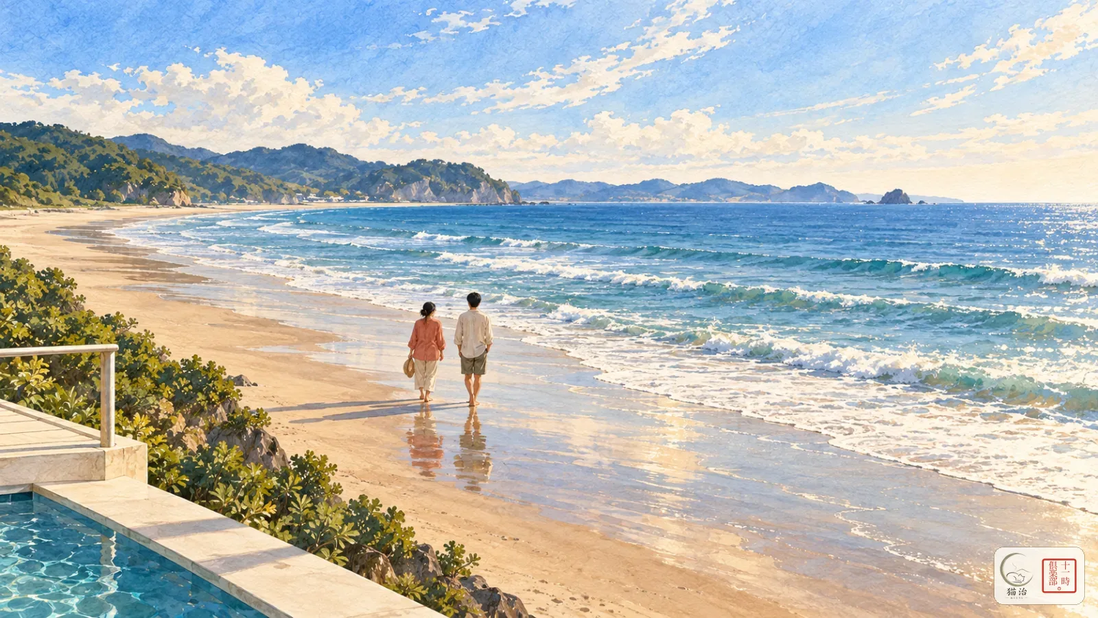 鴨川：面太平洋的長沙灘與海邊旅館露台的早晨（插畫）