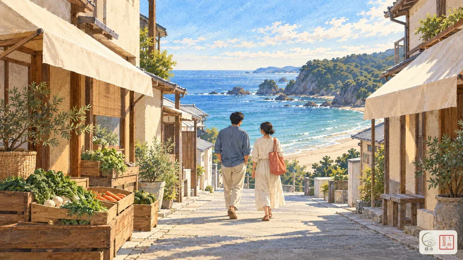 勝浦・御宿・いすみ：清晨的小鎮市集街，盡頭是岩岸與白沙灣（插畫）
