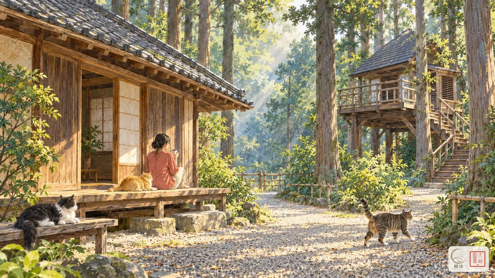 和心村的早晨：森林裡的古民家與樹屋，貓在院子裡（插畫）